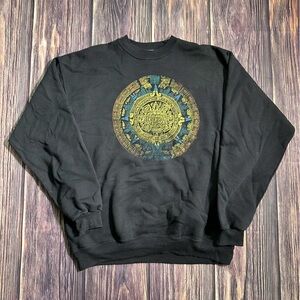 Vintage Deadstock Black Graphic Aztec Calendar Men's Crewneck Sweatshirt USA XL‎